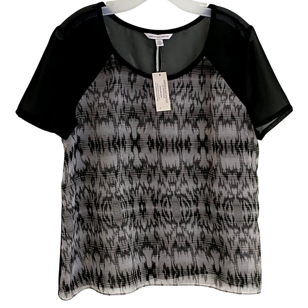 AEO Semi Sheer Fly Away Top Women's size L Black Gray Short Sleeve Pullover